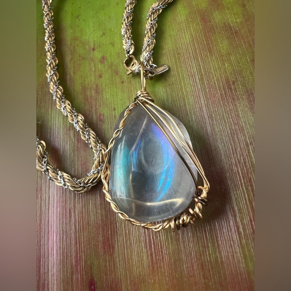 Aura Gemstone Wrapped Pendant w/ Vintage Monet Chain | 18" - Picture 3 of 15